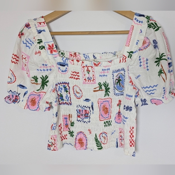 Monteau New Lined Blend Cropped Top Short Sleeve Size L Tropical Fun Hippie Boho - Picture 6 of 9
